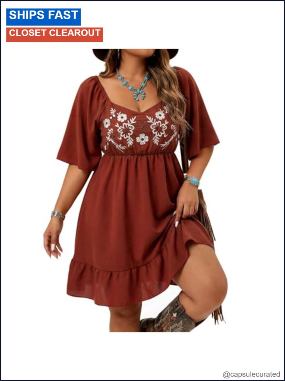 Boho Embroidered Western Dress Flowy A-Line Elastic Waist Cowgirl Concert